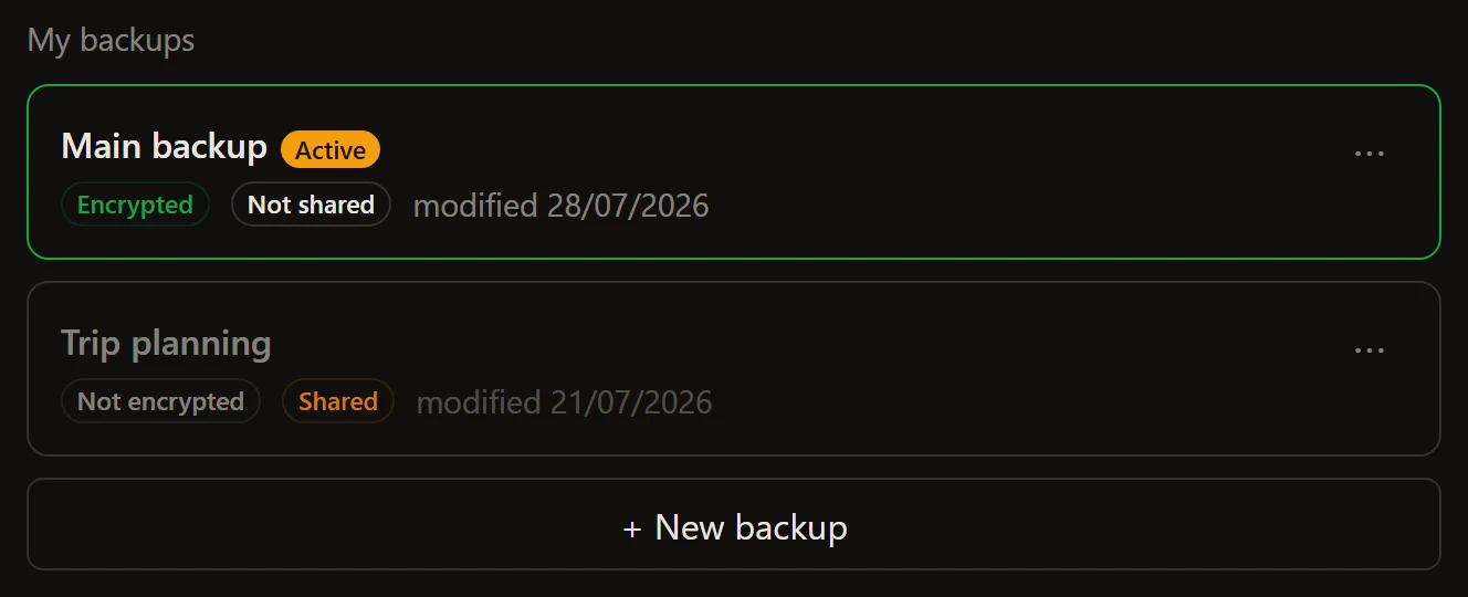The backups widget, dark theme
