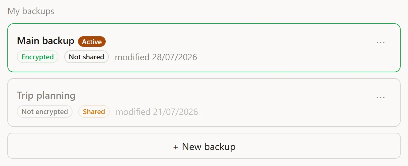 The backups widget, light theme