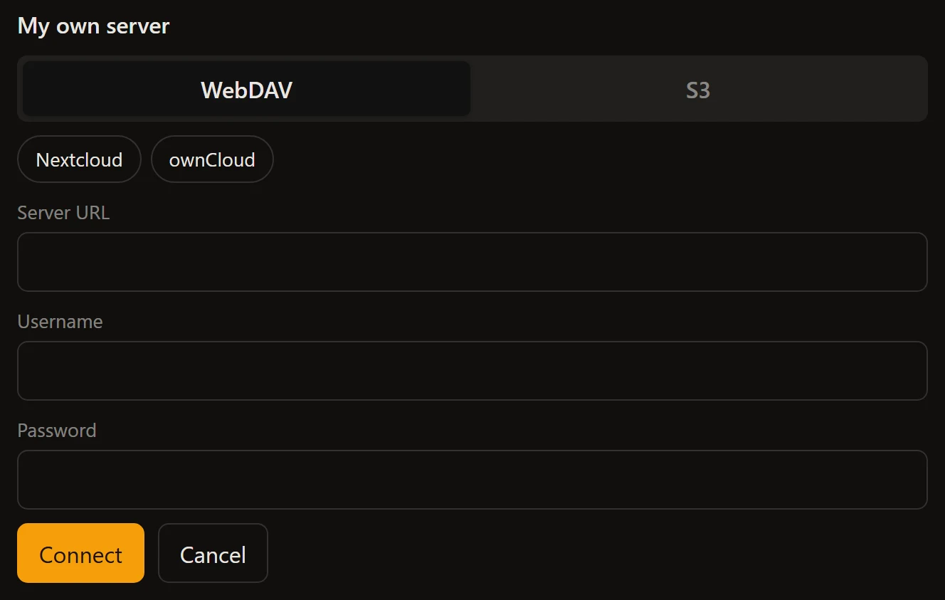 The WebDAV form, dark theme