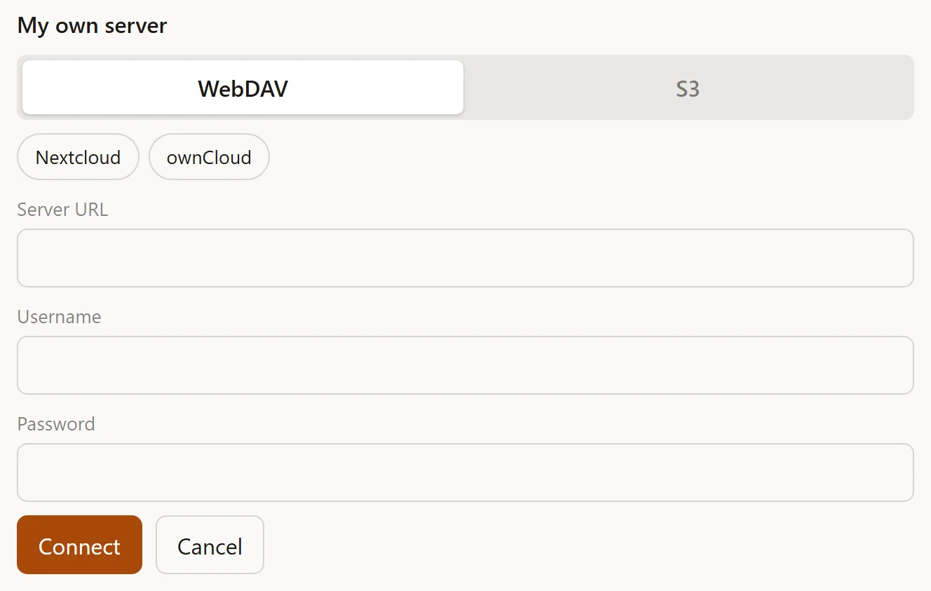 The WebDAV form, light theme